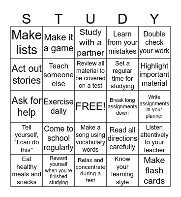 Study Skills Bingo Card