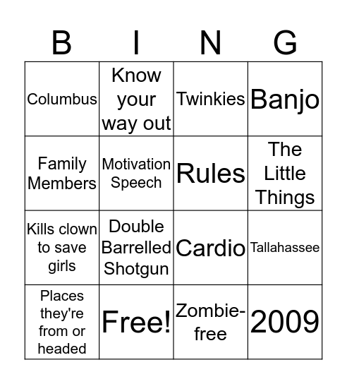 ZombieLand Bingo Card