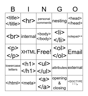 WEB DESIGN UNIT 1 Bingo Card