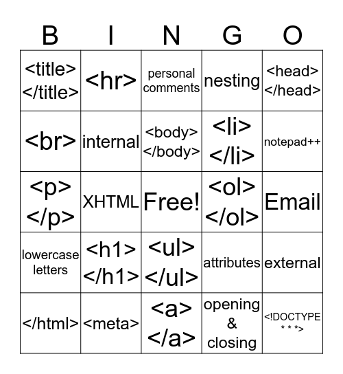 WEB DESIGN UNIT 1 Bingo Card