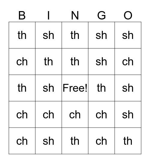 Consonant Digraphs Bingo Card