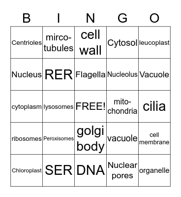 Cell Organelle Bingo Card