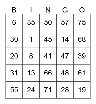 Grace's Bingo Card #2 Bingo Card