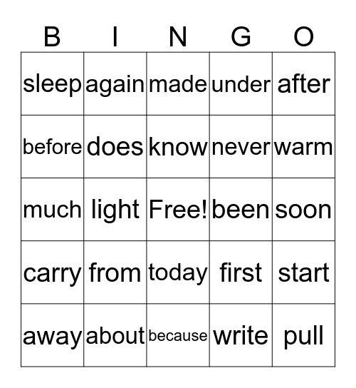 Dolch Sight Word Bingo Card