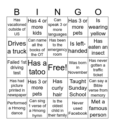 Life Experiences Bingo Card