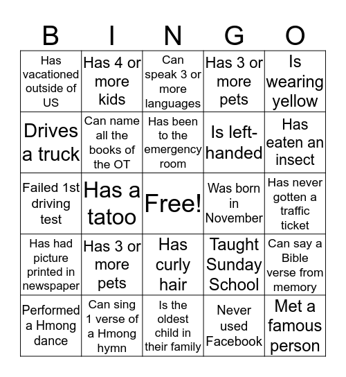 Life Experiences Bingo Card