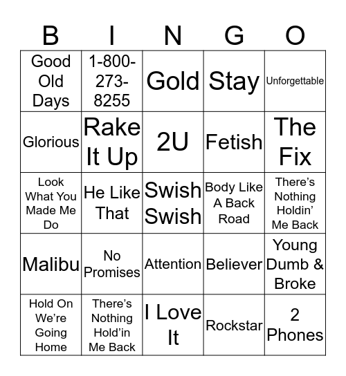 iBingo "Current Hits" Bingo Card