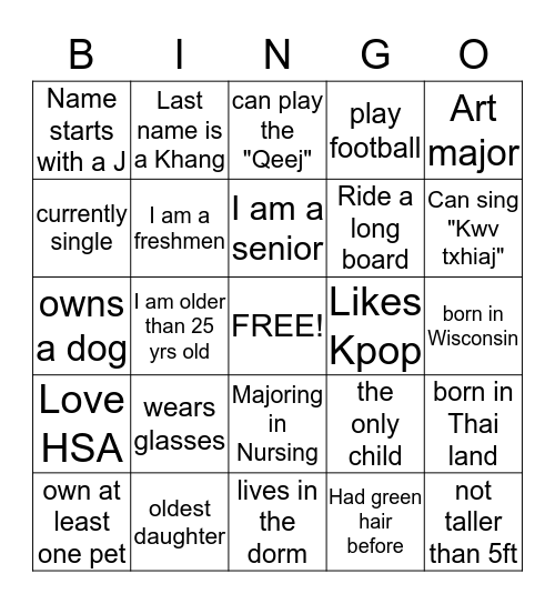 HSA's Ice Breaker Bingo Card