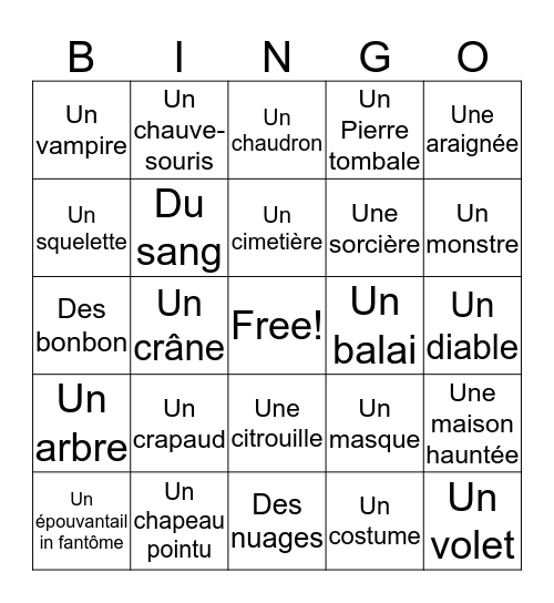Halloween Vocab. Bingo Card