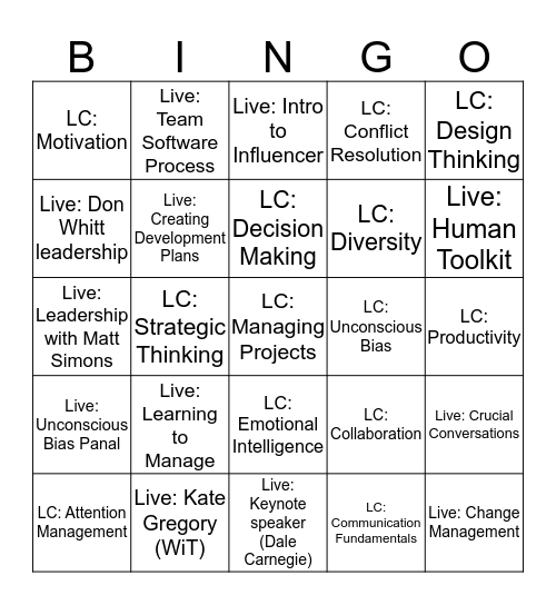 Employee Learning Week 2017 Bingo Card