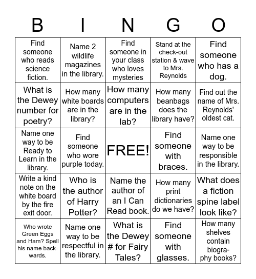 Library Scavenger Hunt Bingo Card