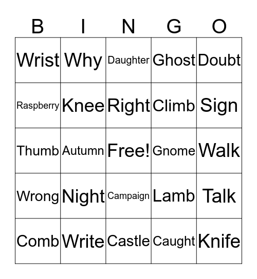 Silent Consonant Spelling Words Bingo Card