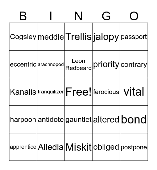 Amulet vocabulary Bingo Card