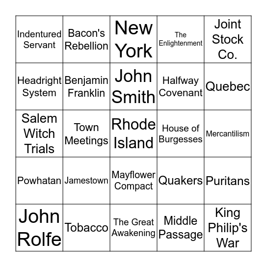 Colonial America Bingo Card