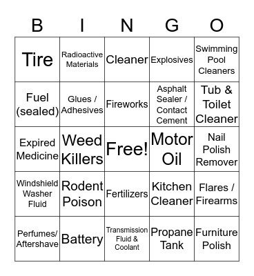House Hold Hazardous Waste Bingo Card
