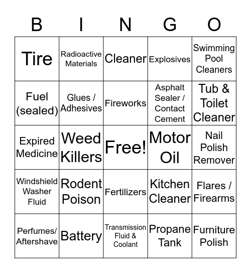 House Hold Hazardous Waste Bingo Card