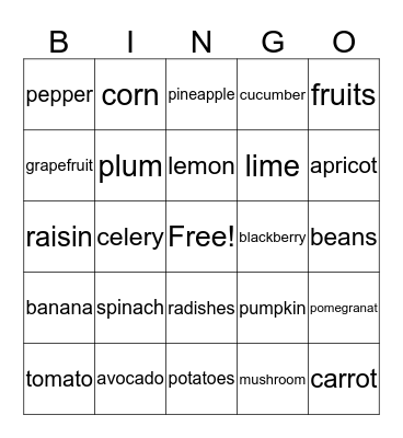 frutas y vegetales Bingo Card