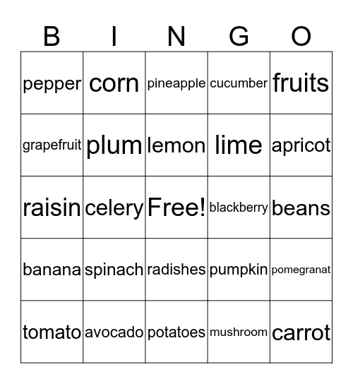 frutas y vegetales Bingo Card