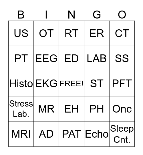 Hospital Departments Bingo Card