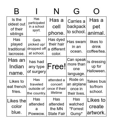 American Indian Freedom School Bingo Card