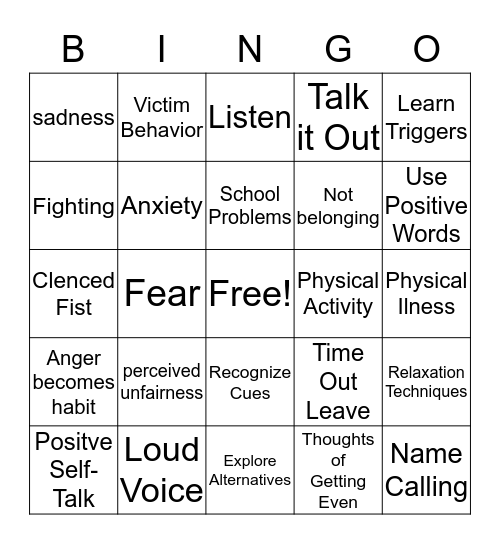 Anger Bingo Card