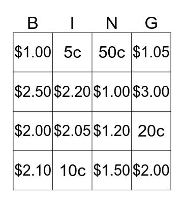 Year One Money Bingo Card