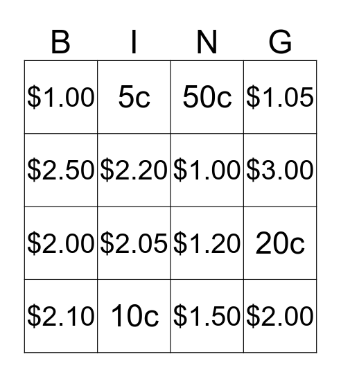 Year One Money Bingo Card