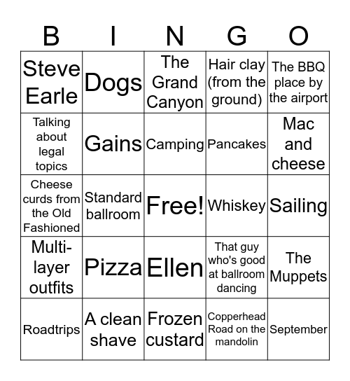 A Few of Jake's Favorite Things Bingo Card