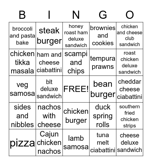 BAR SNACK BINGO Card