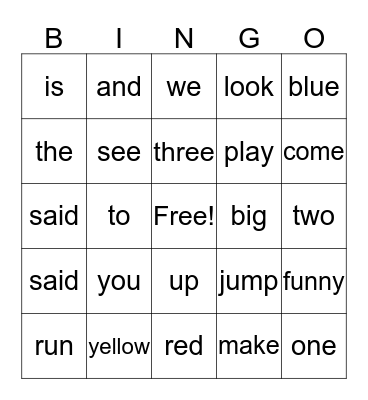 Dolch Pre-primer Bingo Card