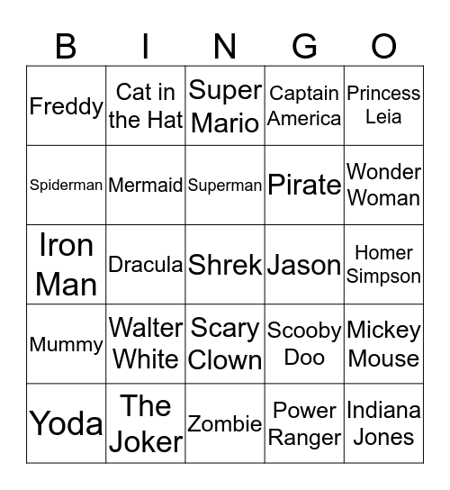 Halloween Costumes Bingo Card