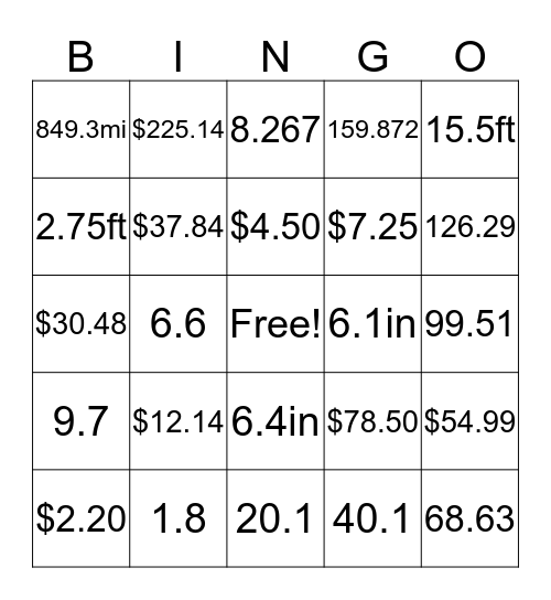 Adding/Subtracting Decimals  Bingo Card