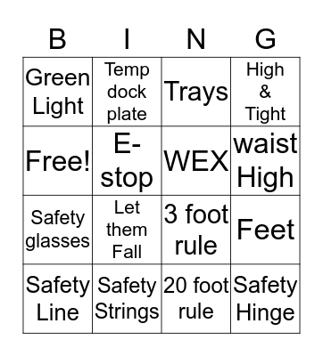 Safety Bingo  Bingo Card