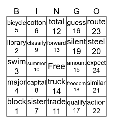 Sight Word Bingo Card