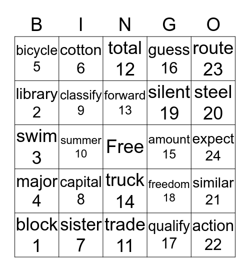 Sight Word Bingo Card