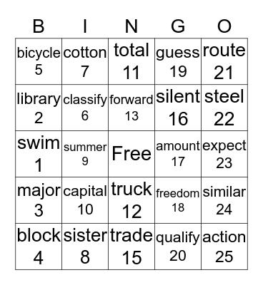 Sight Word Bingo Card