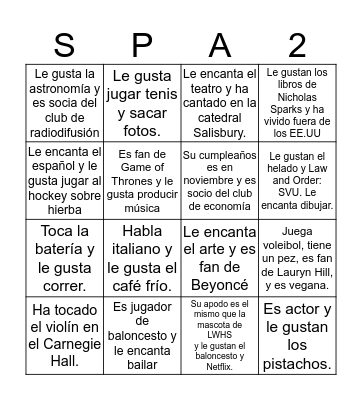Bingo de la clase de Español 2- D Block (Halloween 2017) Bingo Card