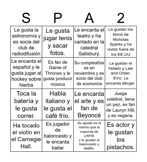Bingo de la clase de Español 2- D Block (Halloween 2017) Bingo Card
