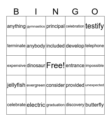 Multi-syllable Word Bingo Card