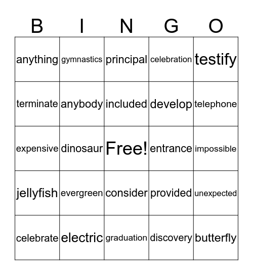 Multi-syllable Word Bingo Card