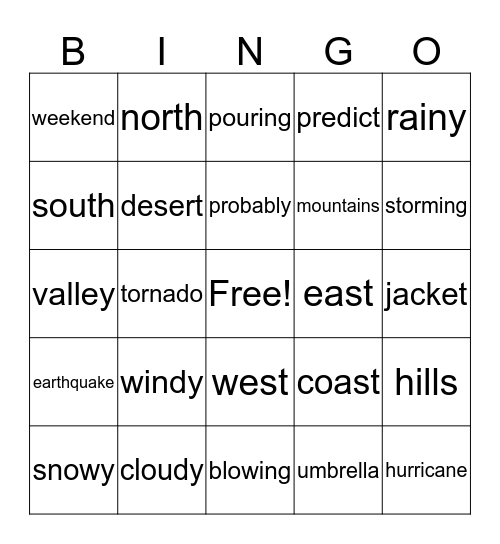 Weather grades one and two Bingo Card
