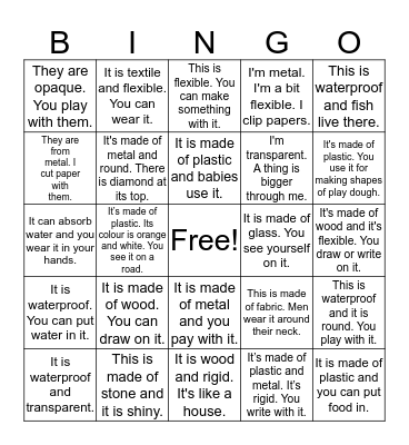 Materials and Material Properties Bingo Game Bingo Card