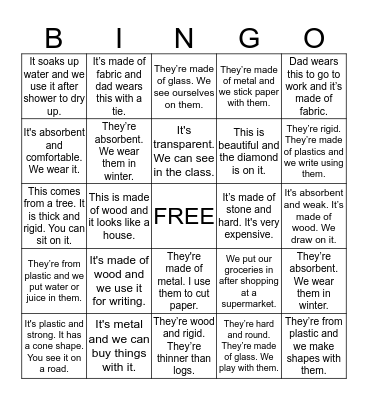 Materials and Material Properties Bingo Card