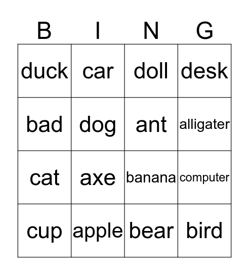 A-D Bingo Card