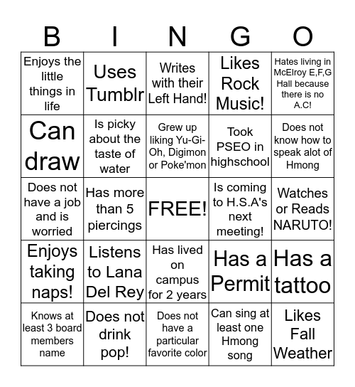 H.S.A Bingo Card