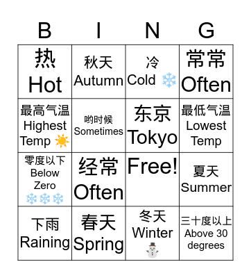 Chinese Bingo Card