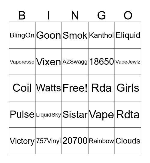 Girls Vape Too Bingo Craze! Bingo Card