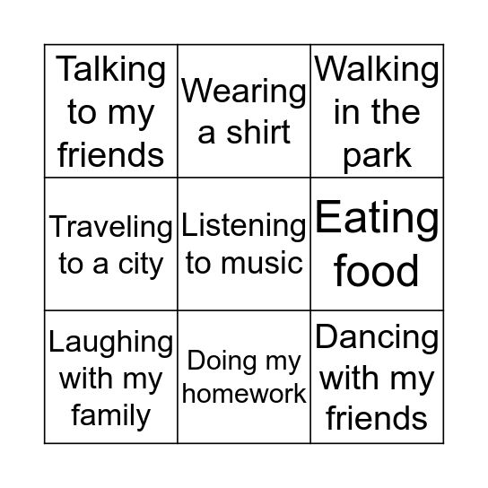 Activities Bingo Card