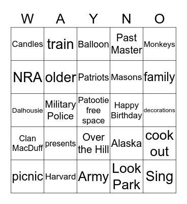 Wayne's 50th  Bingo Card