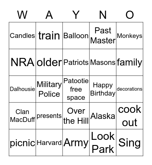 Wayne's 50th  Bingo Card